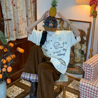 美式復古條紋短袖襯衫夏季寬鬆小狗百搭寬鬆上衣