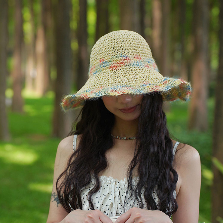 防曬帽女夏季海邊度假彩色編織草帽透氣鏤空大帽檐顯臉小遮陽帽子