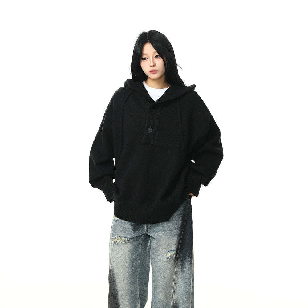 冬季新品復古高級感灰色連帽毛衣女加厚重磅慵懶風針織衫