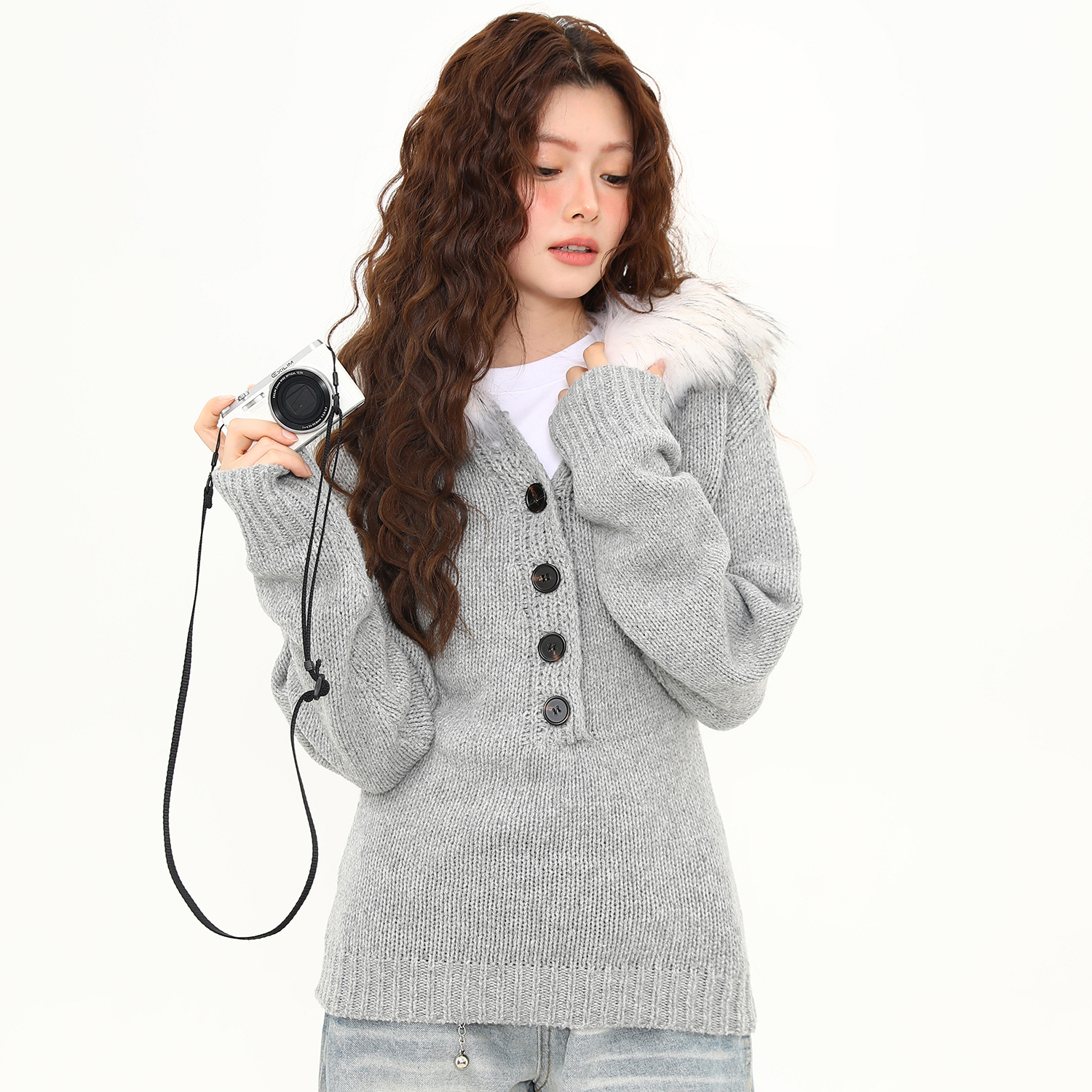 可拆卸毛領亨利領毛衣女秋冬復古韓系收腰短款針織衫上衣