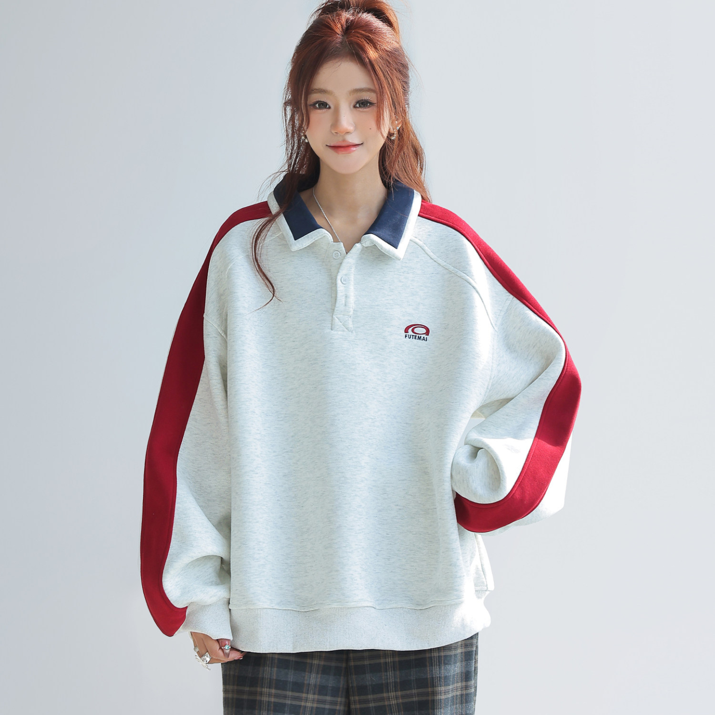 美式慵懶chic拼接翻領衛衣女款新款寬鬆上衣