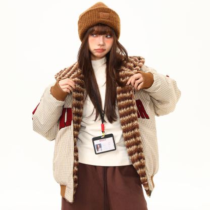 美式復古字母毛巾刺繡加厚毛絨連帽棉服外套女冬季氛圍感