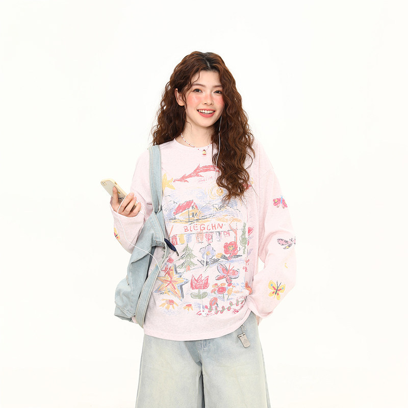 美式復古塗鴉印花長袖T恤女春夏寬鬆慵懶風防曬罩衫上衣