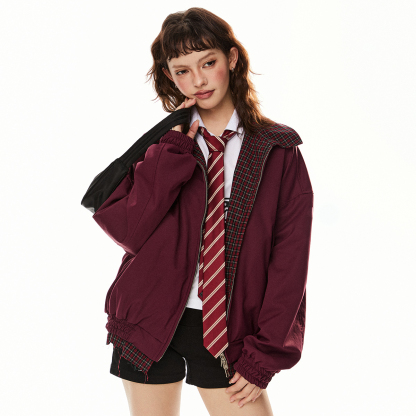 美式復古紅色格子兩面穿外套女早春新款寬鬆翻領工裝夾克上衣