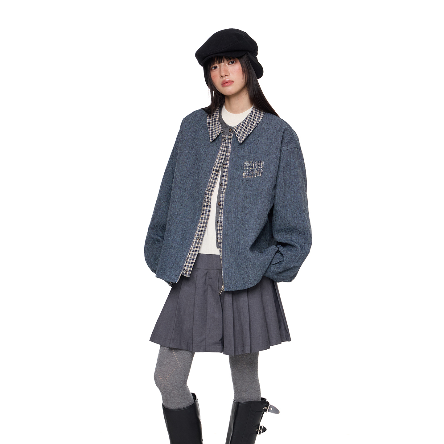 刺繡格子拼接翻領竹節布夾克外套女秋新款休閒寬鬆百搭上衣