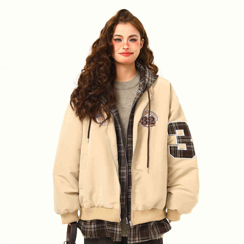 美式復古假兩件連帽潮牌棉服外套女冬季加厚保暖棉衣