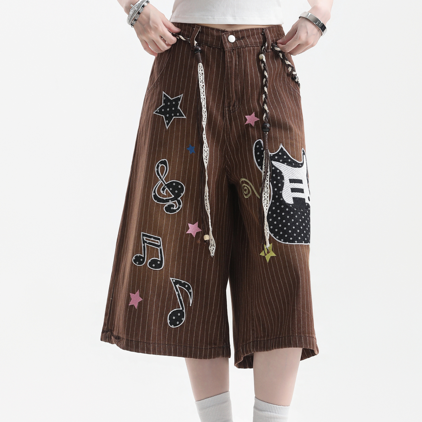美式潮牌吉他音符刺繡豎條紋七分褲女直筒牛仔短褲子