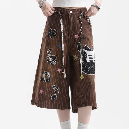 美式潮牌吉他音符刺繡豎條紋七分褲女直筒牛仔短褲子