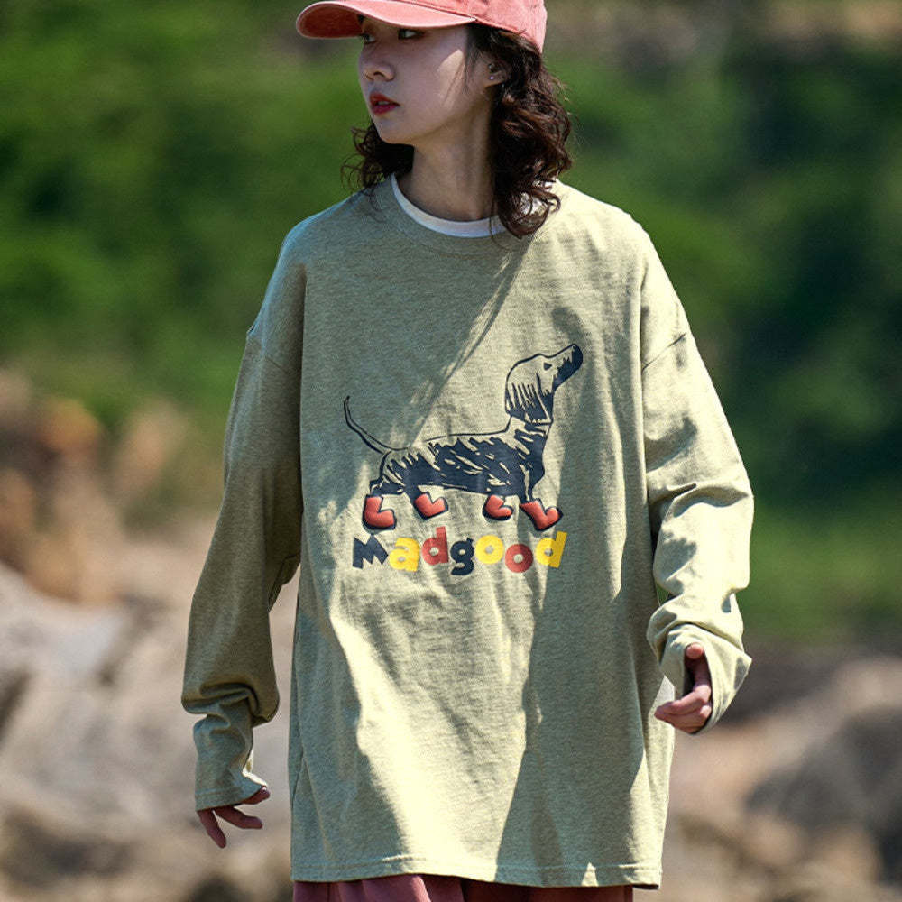 日系190克彩點棉寬鬆圓領塗鴉小狗印花長袖T恤