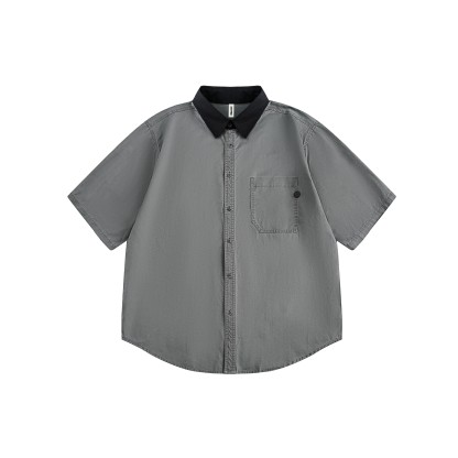 美式復古寬鬆撞色翻領短袖襯衫女夏季設計感休閒百搭襯衣