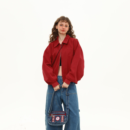 紅色哈靈頓夾克女秋季基礎百搭短寬鬆外套潮高級感上衣