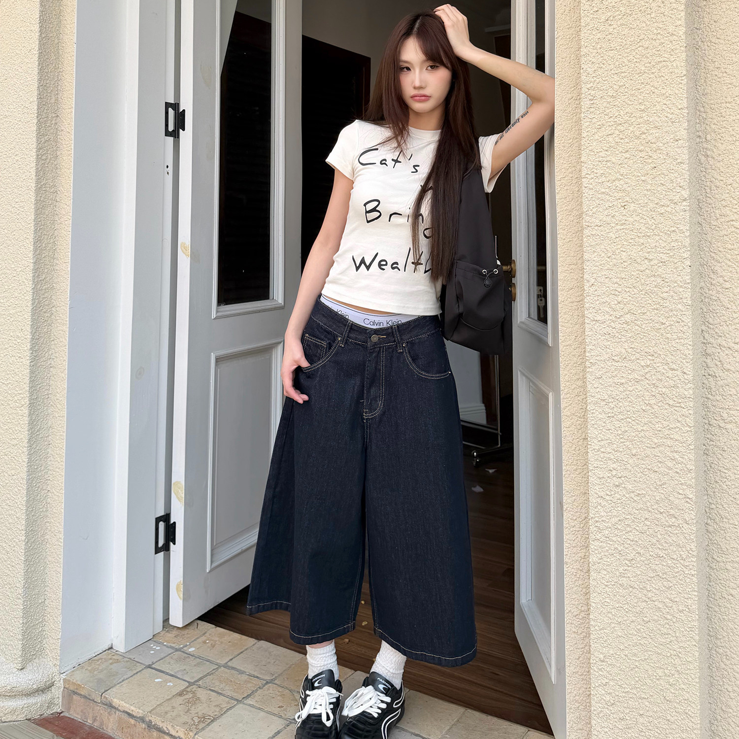 原牛深藍色牛仔褲女七分褲2026夏季新款美式潮流直筒褲