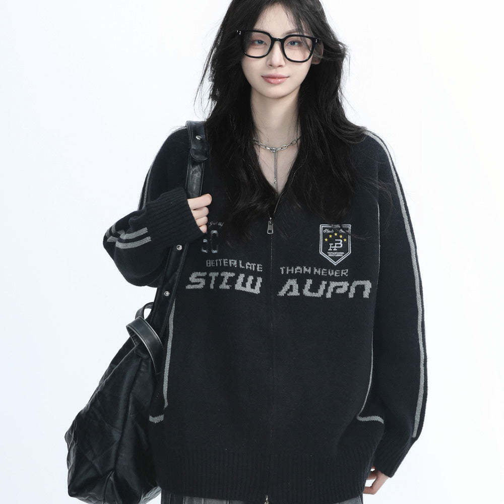 美式復古街頭黑色針織開衫外套女秋冬季寬鬆潮牌毛衣