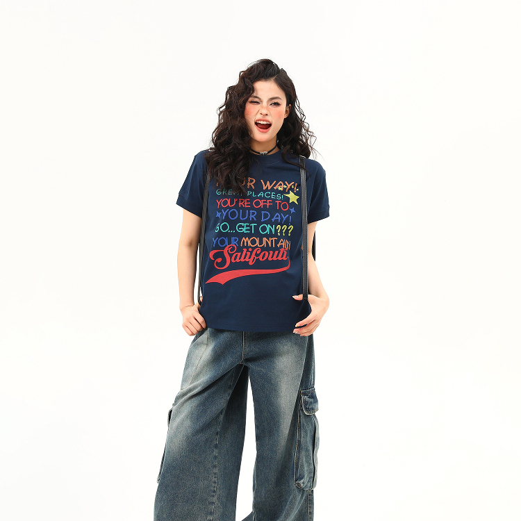 美式復古字母印花圓領正肩T恤女夏季新款休閒百搭短袖