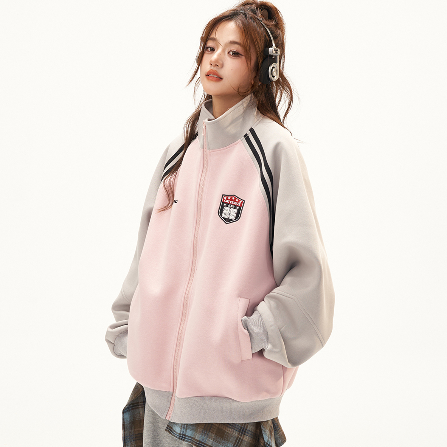 美式復古衛衣外套女秋冬季高級感拼接插肩袖衛衣開衫