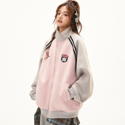 美式復古衛衣外套女秋冬季高級感拼接插肩袖衛衣開衫