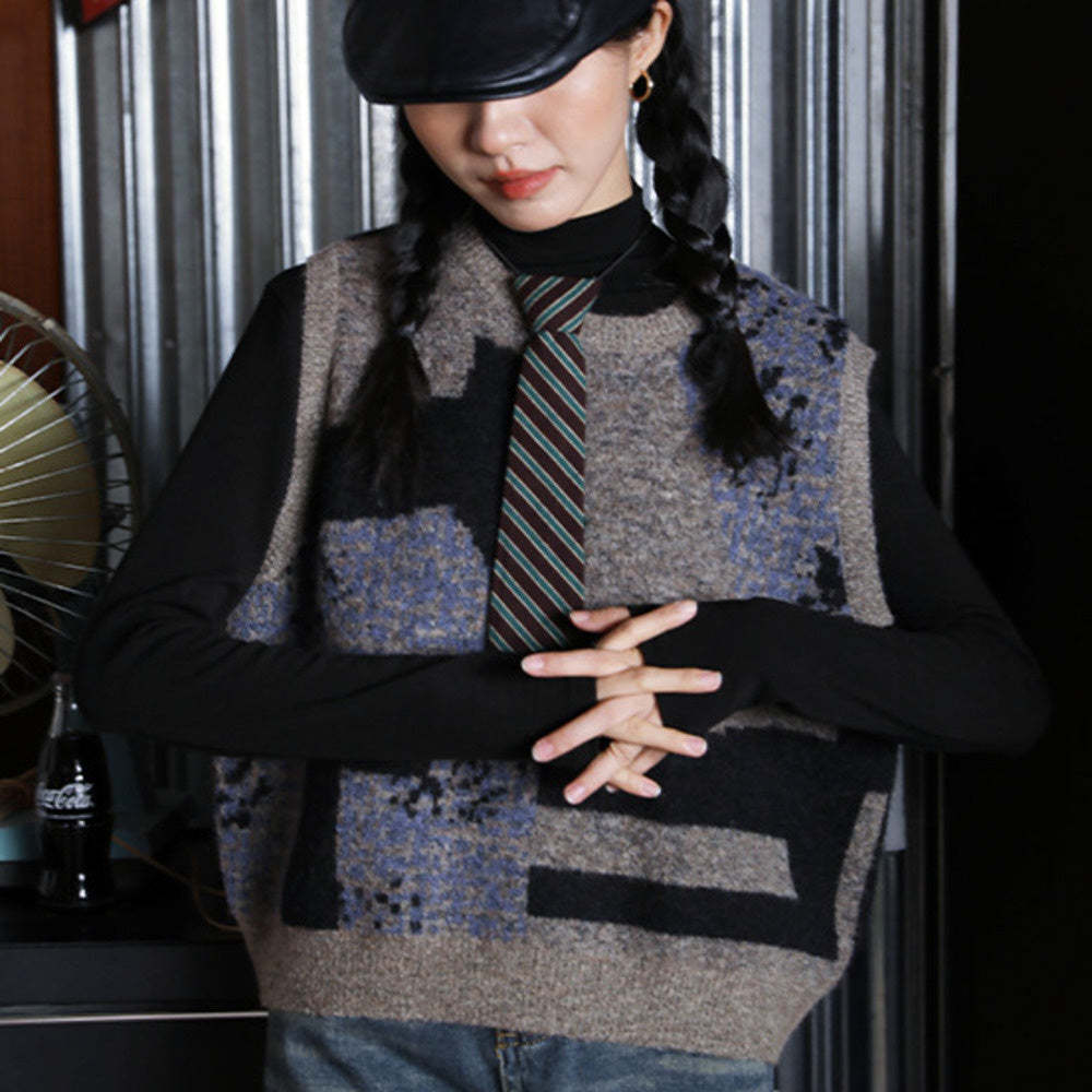 復古撞色咖啡別致百搭針織馬甲女秋冬新款時髦寬鬆上衣