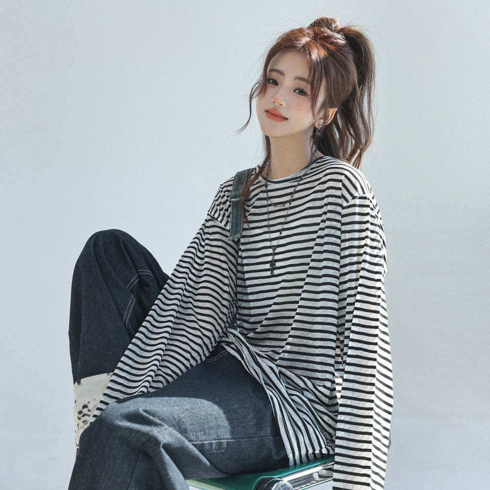 條紋長袖t恤女夏2025新款chic韓系上衣薄款防曬罩衫
