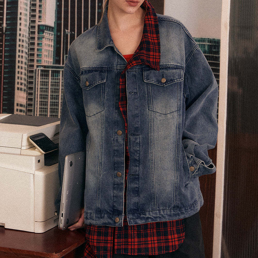 美式復古下擺拼接格子牛仔外套女寬鬆顯瘦假兩件外套