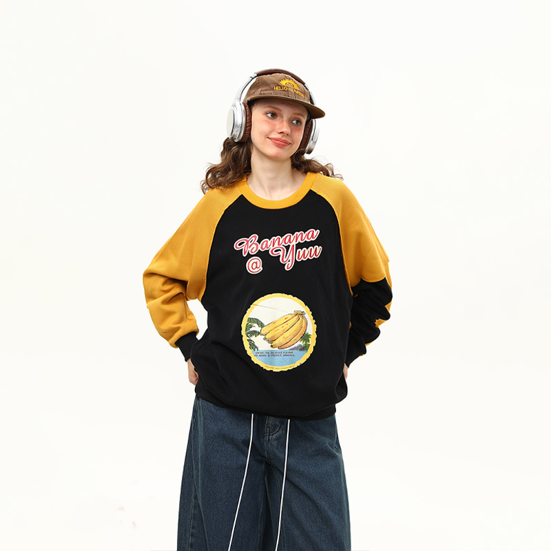 早秋新款美式復古拼接撞色學院風圓領長袖衛衣女寬鬆百搭