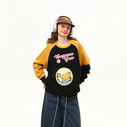 早秋新款美式復古拼接撞色學院風圓領長袖衛衣女寬鬆百搭