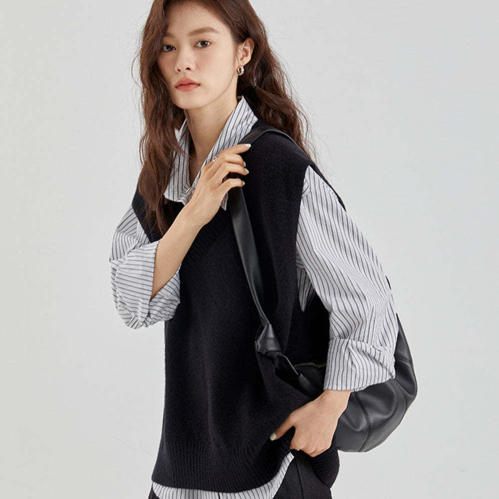 V領針織馬甲背心女早秋疊穿無袖毛衣毛線坎肩馬夾