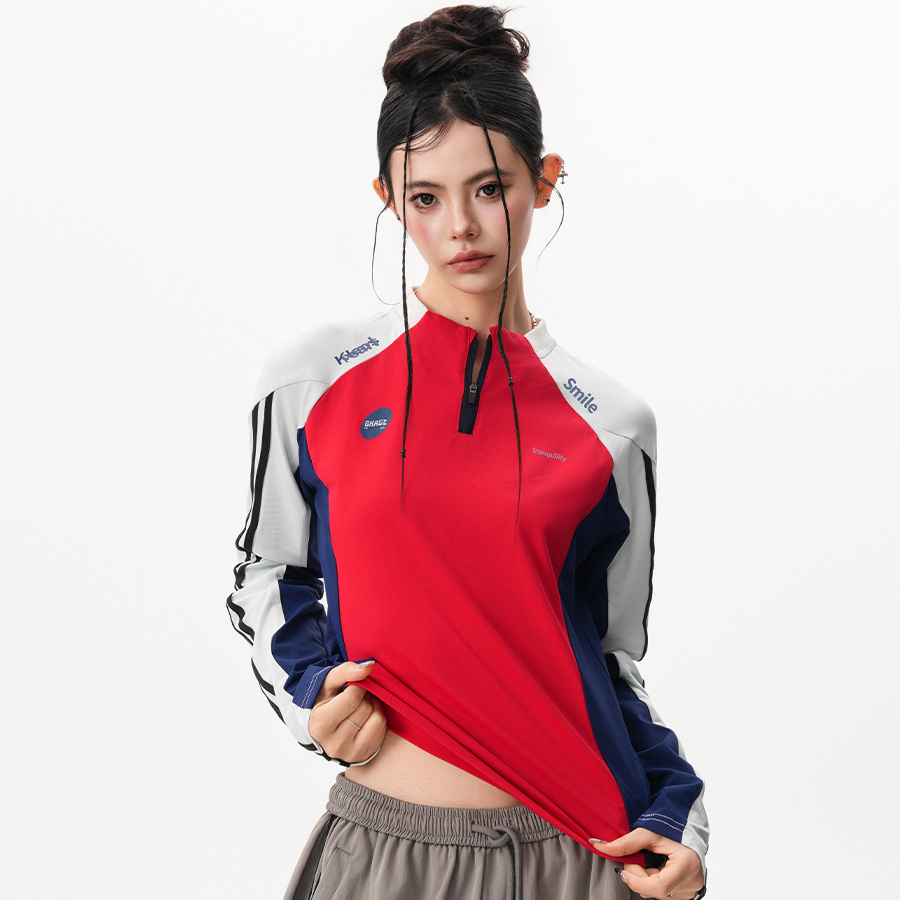 速幹輕薄騎行服女秋季撞色半拉鍊長袖T恤戶外健身訓練運動上衣