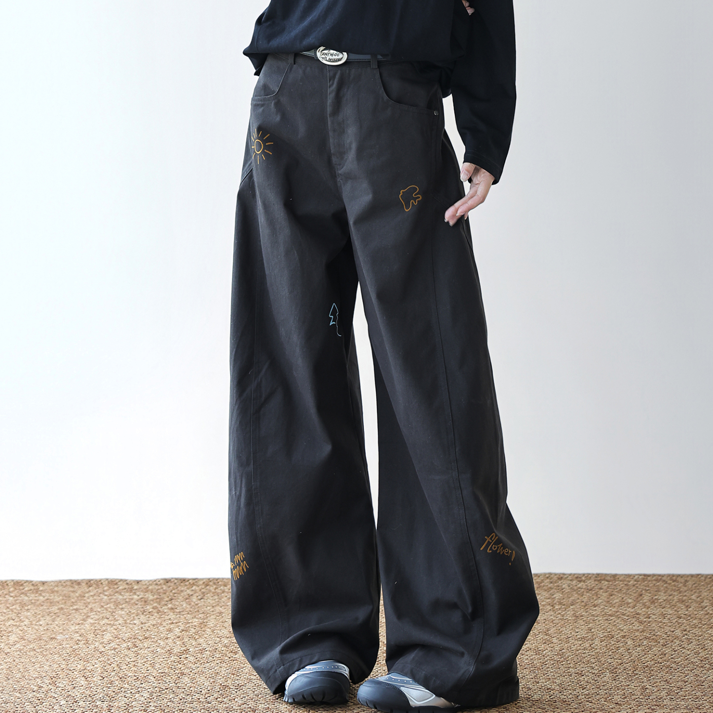 卡通印花闊腿褲女2025新款純棉水洗彎刀褲寬鬆休閒褲