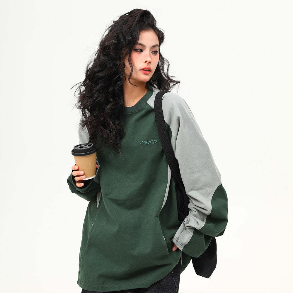 美式復古拼接撞色高級感長袖衛衣女寬鬆潮流上衣