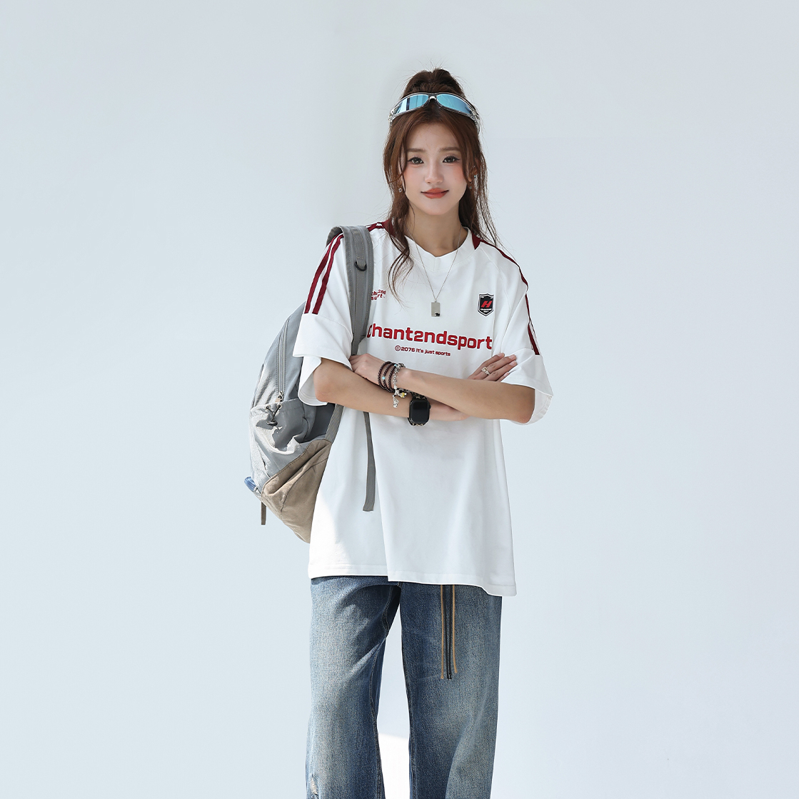 索羅娜美式拼接條紋短袖女t恤夏季字母運動球衣T賉