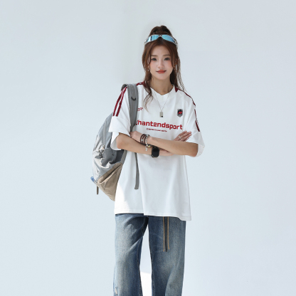 索羅娜美式拼接條紋短袖女t恤夏季字母運動球衣T賉