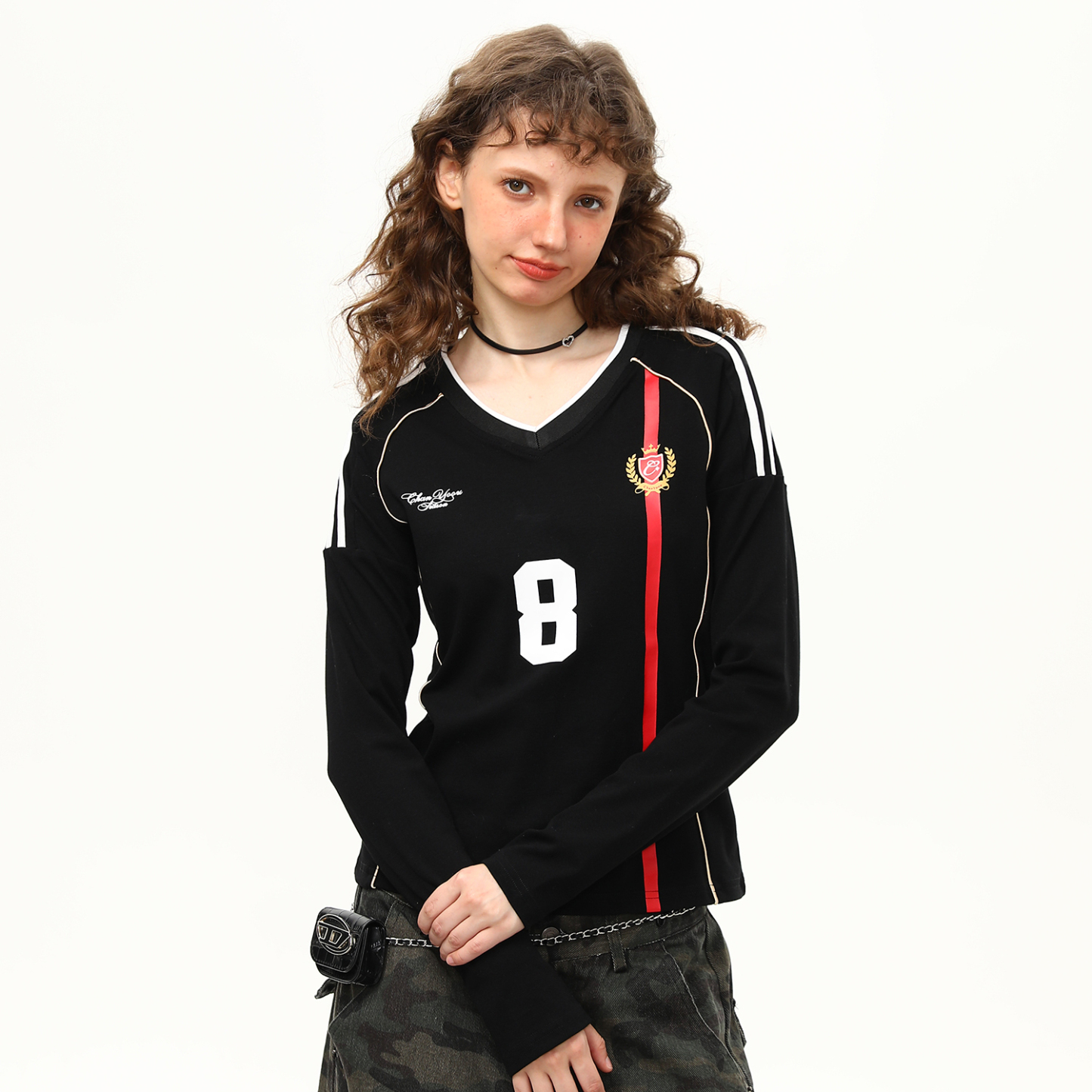 美式復古球衣V領辣妹長袖正肩T恤女秋季短款顯瘦修身上衣