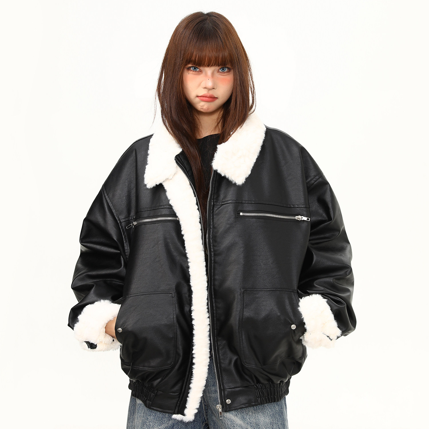 皮毛一體羊羔絨翻領PU皮衣棉服女冬季美式潮牌機車服外套
