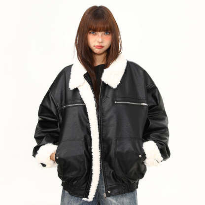 皮毛一體羊羔絨翻領PU皮衣棉服女冬季美式潮牌機車服外套
