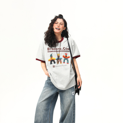 美式復古趣味印花短袖T恤女夏季寬鬆撞色圓領百搭tee
