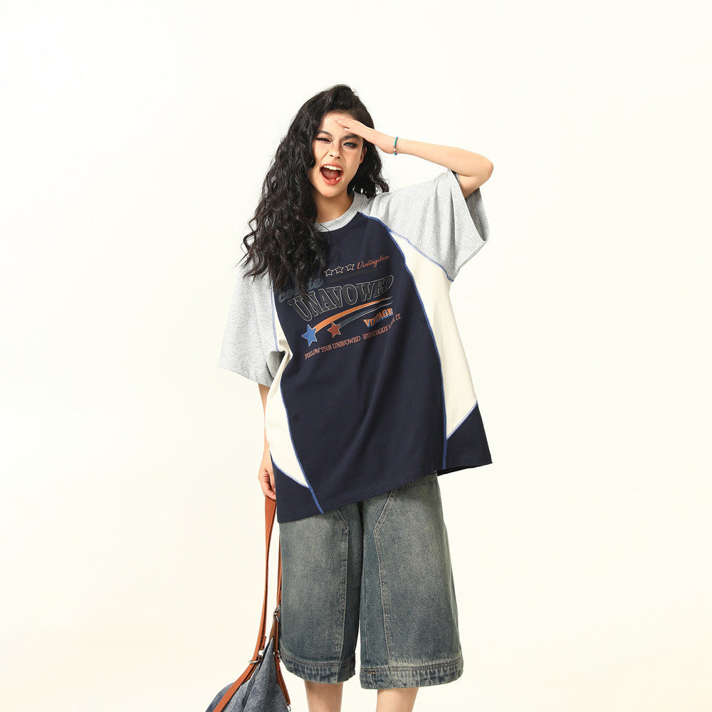 夏季新品美式復古拼接撞色短袖T恤女寬鬆上衣