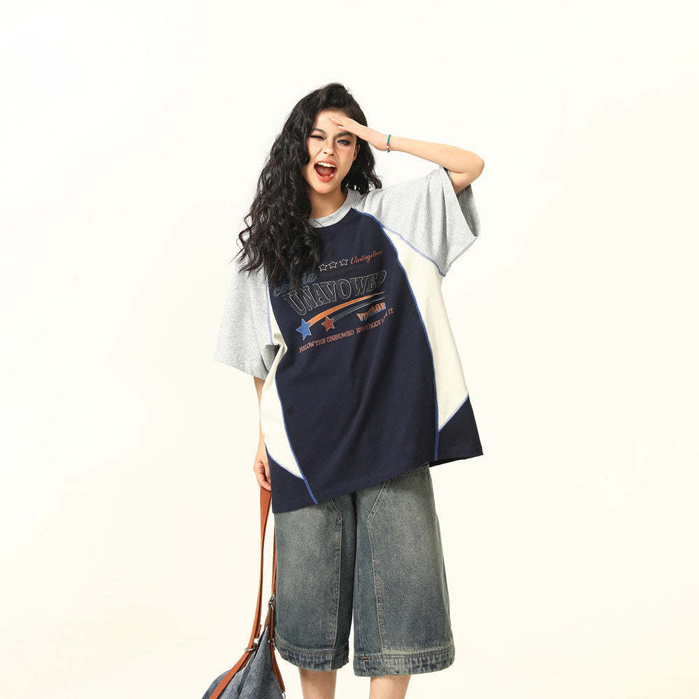 夏季新品美式復古拼接撞色短袖T恤女寬鬆上衣