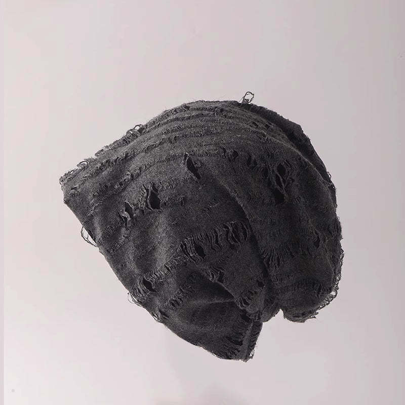 美式復古破洞做舊堆堆帽女咖啡色顯臉小棕色街頭休閒包頭巾冷帽子