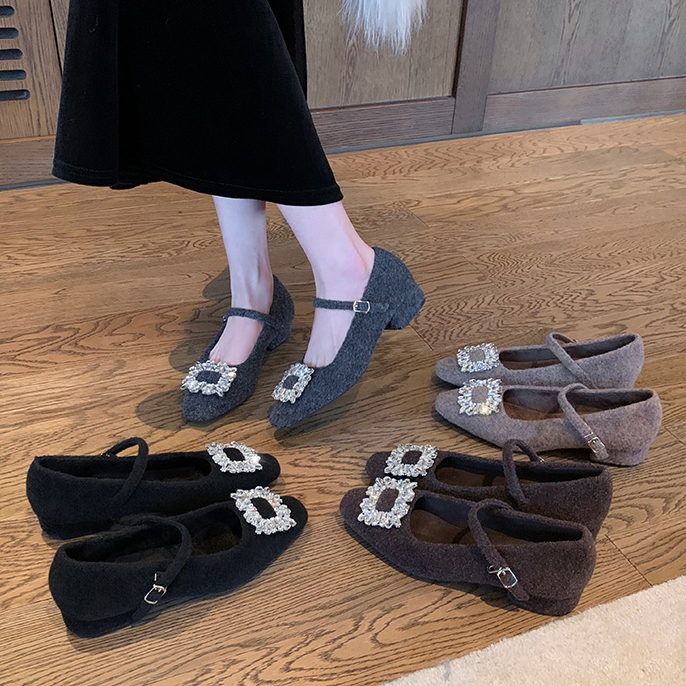 鑽扣小方頭絨裏一字帶保暖毛呢粗跟瑪麗珍單鞋女