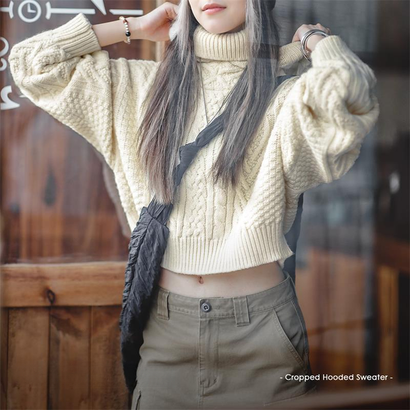 馬登女裝 美式復古連帽高領毛衣秋冬外穿短款堆堆帽針織衫設計感