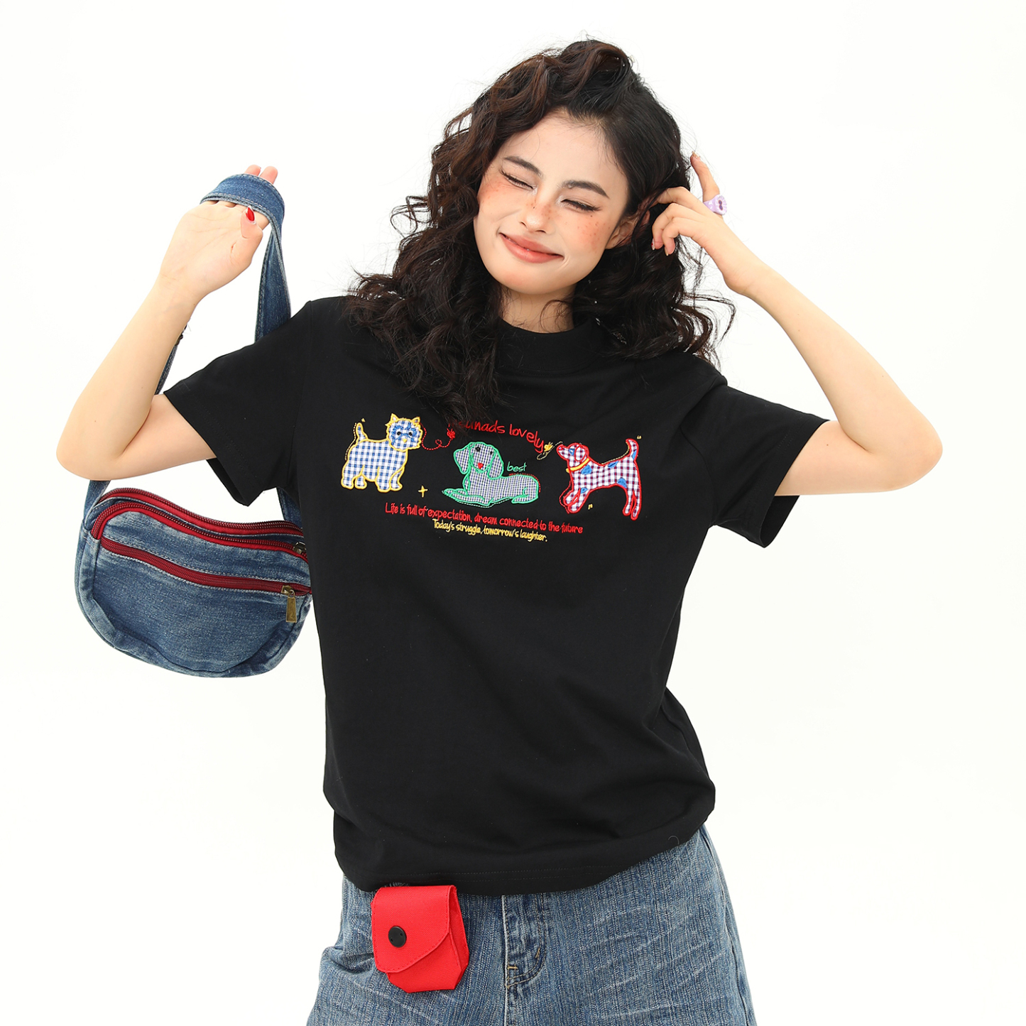 正肩T恤女小狗卡通刺繡復古微寬鬆短款顯瘦百搭短袖女