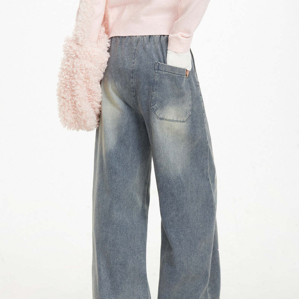 牛仔褲女春秋趣味小羊刺繡美式復古直筒褲子顯瘦闊腿長褲