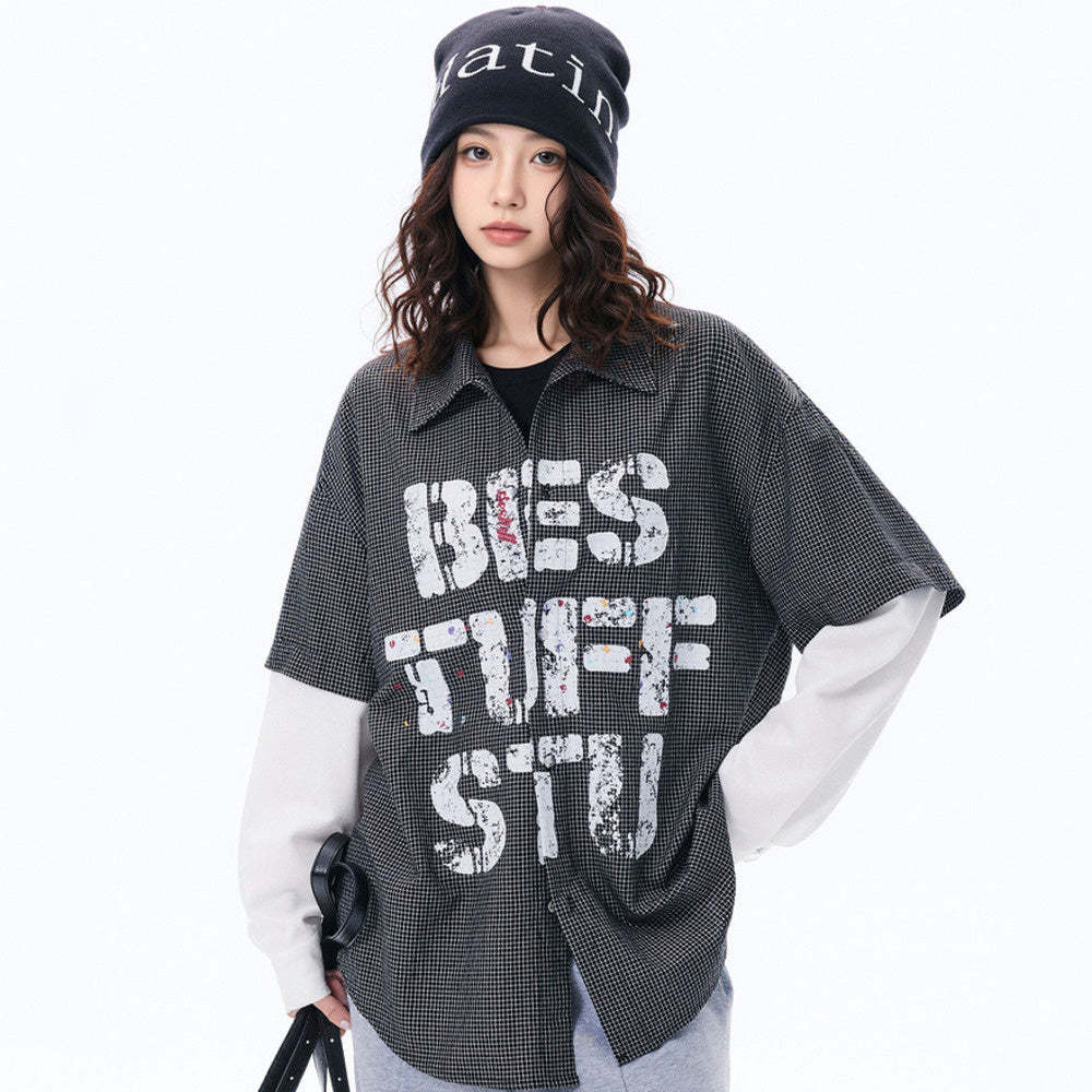 復古拼接假兩件格子襯衫女春季2025新款襯衣寬鬆潮牌上衣