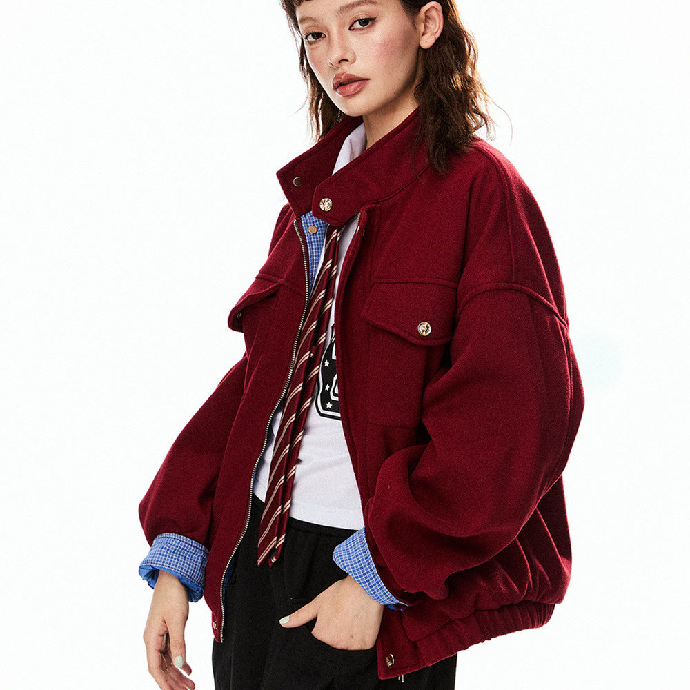 美式巴恩風紅色毛呢外套女開春新款高級感妮子工裝夾克上衣