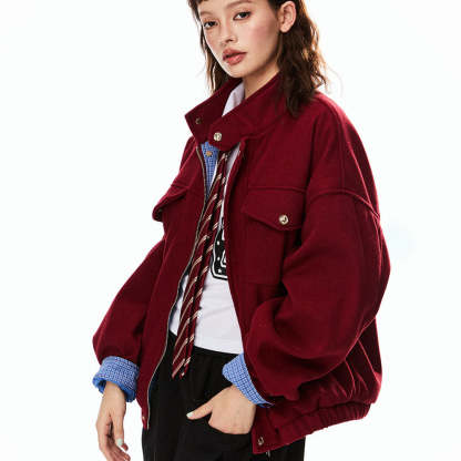 美式巴恩風紅色毛呢外套女開春新款高級感妮子工裝夾克上衣