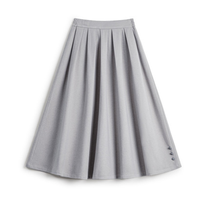 灰色毛呢大擺半身長裙針織鬆緊腰垂墜感百褶A字傘裙秋冬女士