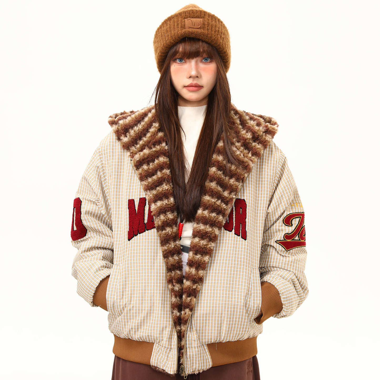 美式復古字母毛巾刺繡加厚毛絨連帽棉服外套女冬季氛圍感