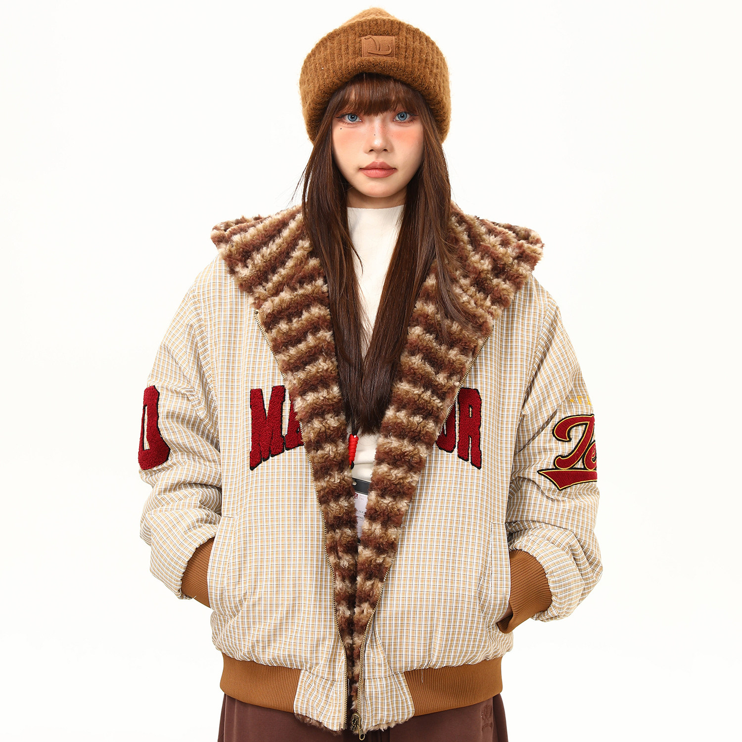 美式復古字母毛巾刺繡加厚毛絨連帽棉服外套女冬季氛圍感