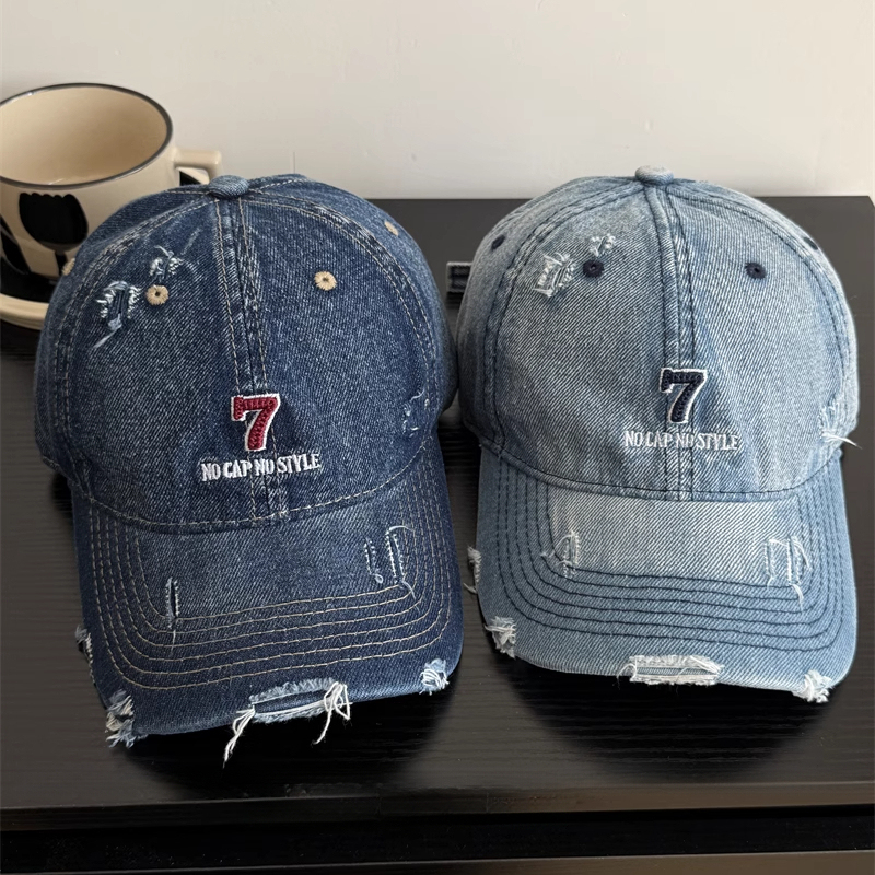 日系水洗牛仔數位7鴨舌帽帽子女顯臉小棒球帽夏