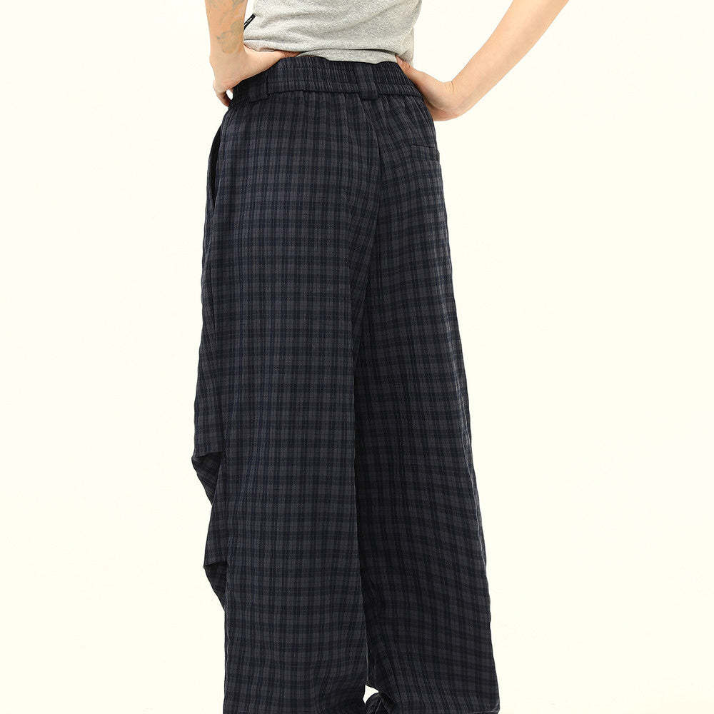 美式復古褶皺寬鬆垂感格子褲女設計感潮流百搭休閒褲子